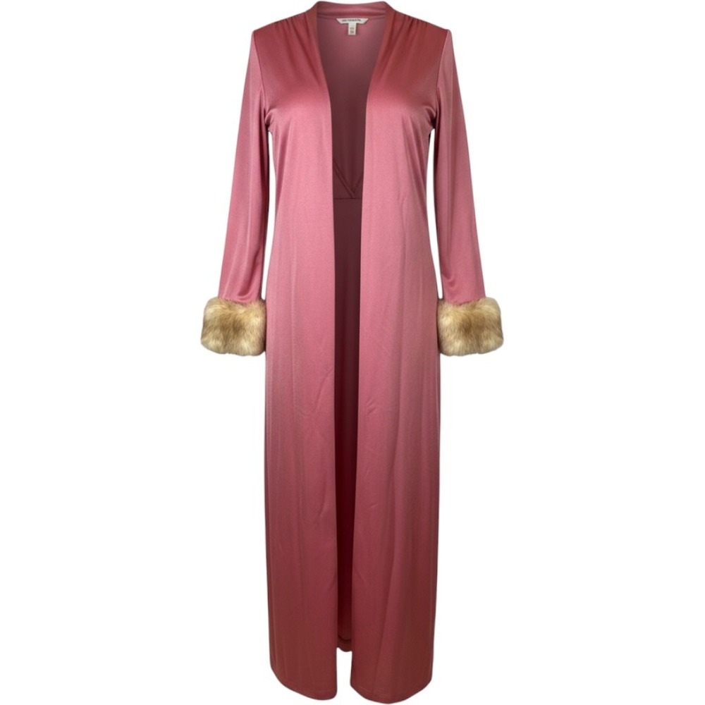 Vintage Glam Long Burgundy Robe Faux Fur Trim Cuffs Pink Duster Maxi Lingerie